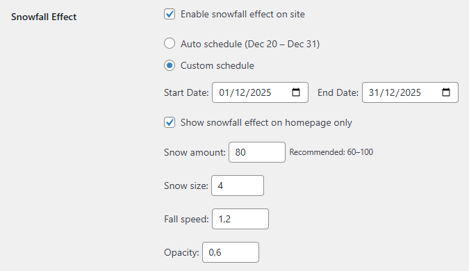 Advanced Snowfall controls